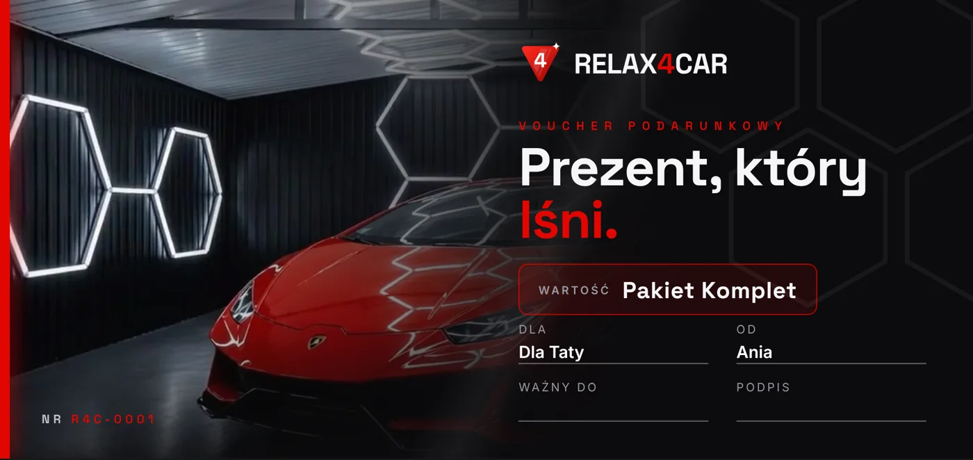Voucher podarunkowy Relax4Car - przykład z pakietem Komplet